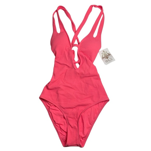 BECCA by Rebecca Virtue Pucker Up Tear Drop One-Piece Swimsuit Coral Small New - Picture 1 of 9